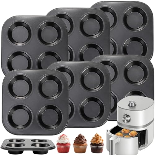 Acshio 6 Pack Air Fryer Muffin Pan, 4 Cup Non-Stick Small Oven Cupcake Baking Pan, Carbon Steel Round Muffin Tin Bakeware Cake Mould for Egg Muffin, Quiches, Frittatas - Image 1