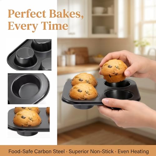 Acshio 6 Pack Air Fryer Muffin Pan, 4 Cup Non-Stick Small Oven Cupcake Baking Pan, Carbon Steel Round Muffin Tin Bakeware Cake Mould for Egg Muffin, Quiches, Frittatas - Image 4