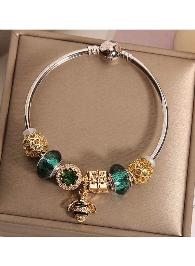 Women's Classic Fashion Versatile Cubic Zirconia Green Beaded Bracelet Temperament Bee Silver Bracelet Set Gift - Image 1