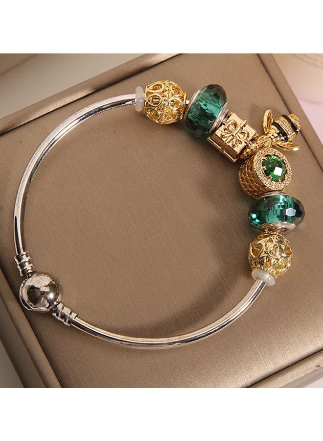Women's Classic Fashion Versatile Cubic Zirconia Green Beaded Bracelet Temperament Bee Silver Bracelet Set Gift - Image 3