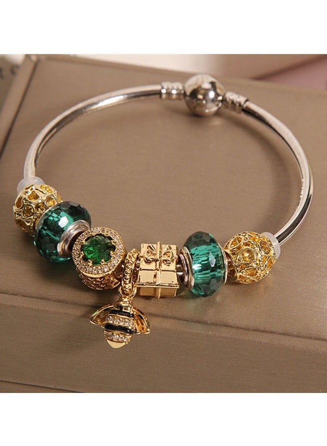 Women's Classic Fashion Versatile Cubic Zirconia Green Beaded Bracelet Temperament Bee Silver Bracelet Set Gift - Image 4
