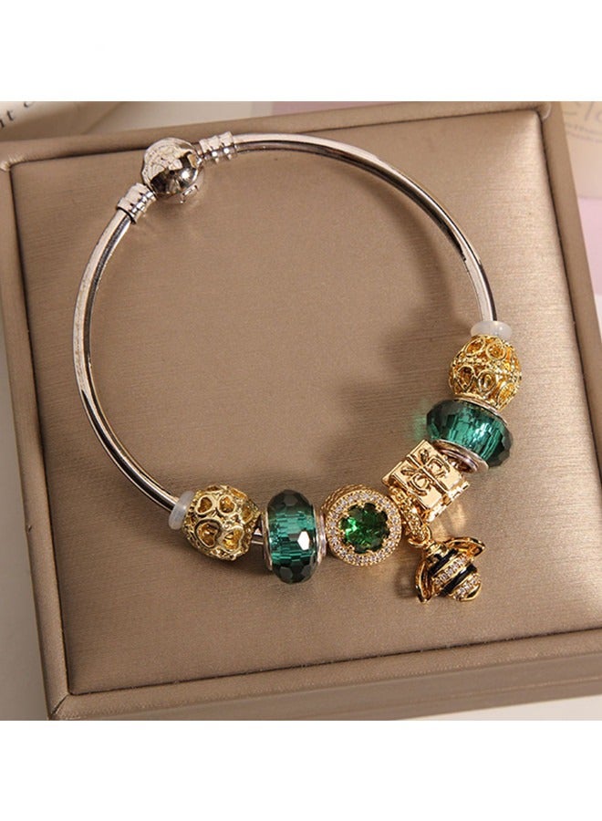 Women's Classic Fashion Versatile Cubic Zirconia Green Beaded Bracelet Temperament Bee Silver Bracelet Set Gift - Image 2