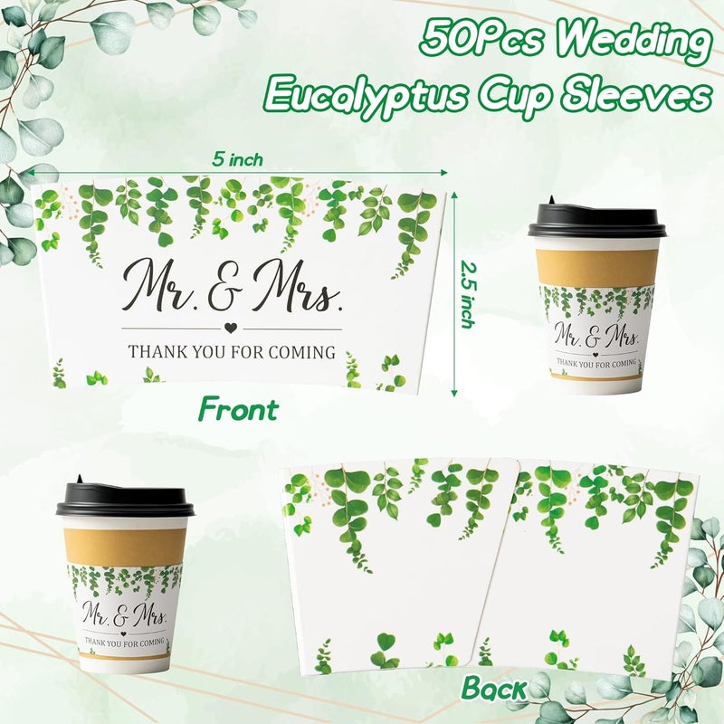 Haooryx 50Pcs Wedding Eucalyptus Greenery Coffee Cup Sleeves Drink Coffee Tea Cup Sleeves Disposable Greenery Kraft Paper Cup Sleeves Holder for 12oz and 16oz Coffee Cold Drinks Beverage Cups - Image 2