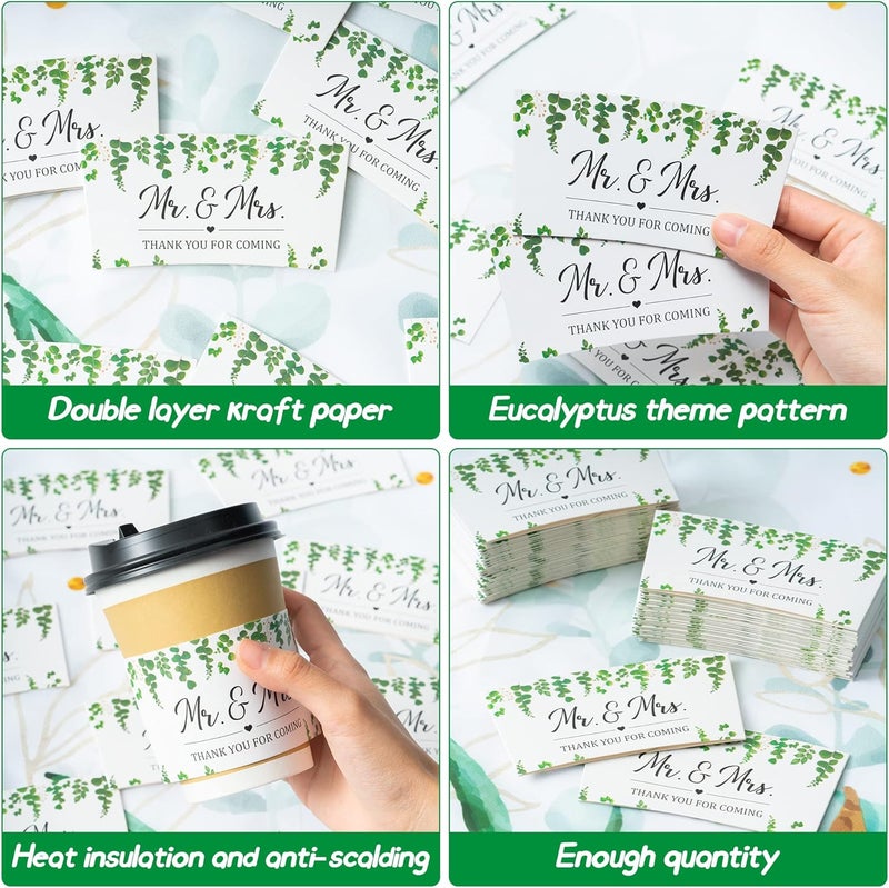 Haooryx 50Pcs Wedding Eucalyptus Greenery Coffee Cup Sleeves Drink Coffee Tea Cup Sleeves Disposable Greenery Kraft Paper Cup Sleeves Holder for 12oz and 16oz Coffee Cold Drinks Beverage Cups - Image 4