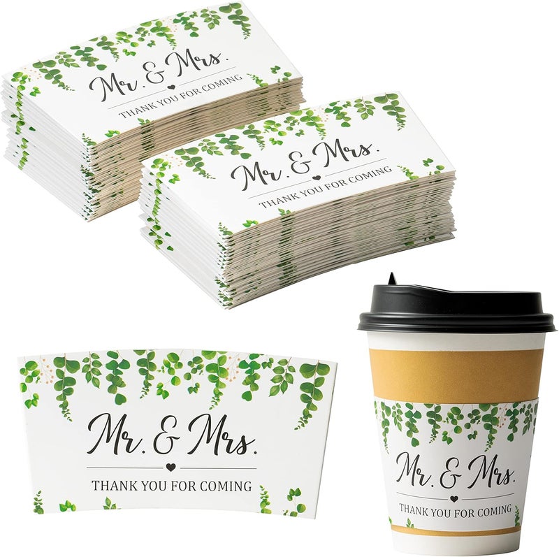 Haooryx 50Pcs Wedding Eucalyptus Greenery Coffee Cup Sleeves Drink Coffee Tea Cup Sleeves Disposable Greenery Kraft Paper Cup Sleeves Holder for 12oz and 16oz Coffee Cold Drinks Beverage Cups - Image 1