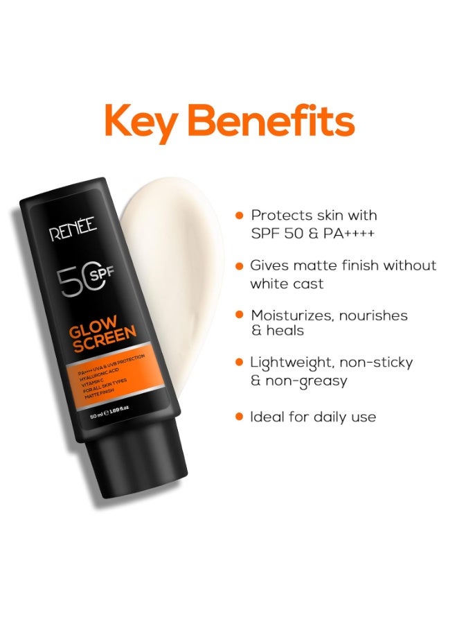 رينيه كريم واقي من الشمس رينيه جلو سكرين بعامل حماية 50 - 50 مل، حماية من الأشعة فوق البنفسجية بنوعيها PA++++ وUVB، يحتوي على حمض الهيالورونيك وفيتامين سي | تركيبة غير دهنية غير لامعة، لا تترك طبقة بيضاء | مناسب لجميع أنواع البشرة: العادية، الدهنية، الجافة، والحساسة - Image 5