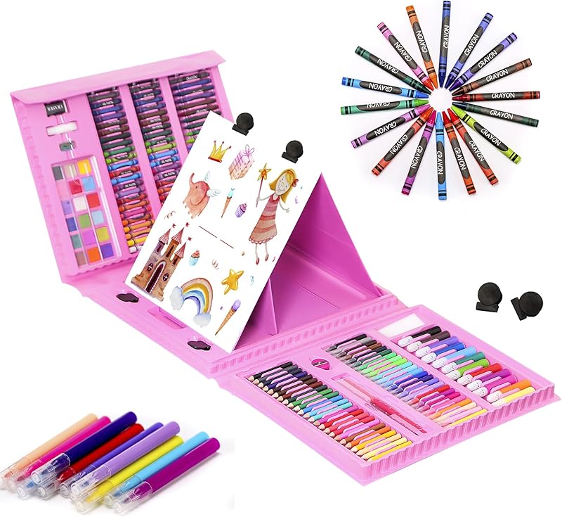 H & B Drawing Kit for Kids, 208 PCS Pink Art Set for Girls Boys With Double Sided Trifold Easel, Pencils, Watercolor Pens & Cakes, Drawing Board, Oil Pastels