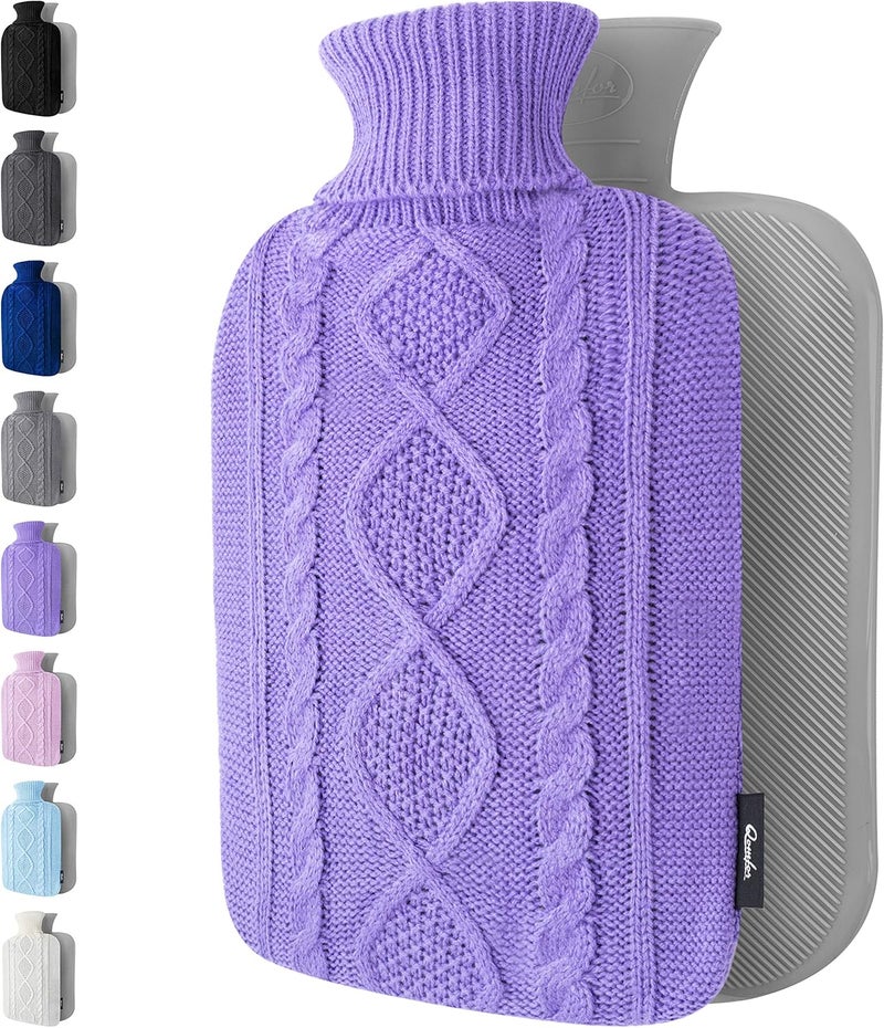 Qomfor Hot Water Bottle - Premium Soft Knit Cover - Large Capacity 1.8L Hot Water Bottle with Knitted House for Pain Relief, Back, Neck & Shoulders & Cosy Warm Nights - Purple - Image 1