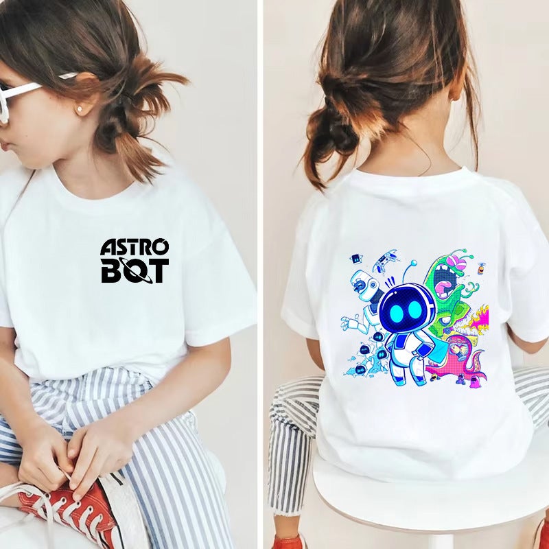 تي شيرت أبيض للأطفال صغير ومتوسط بكم قصير بتصميم كرتوني لروبوت الفضاء أسترو بوت - Image 1