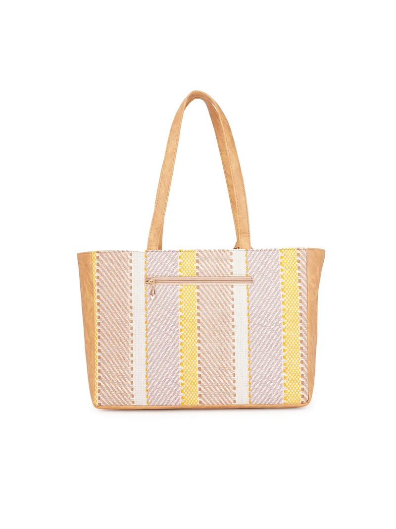 جلو باص حقيبة يد نسائية من جلد نباتي بلون الخردل بطبعة تجريدية مع جيب داخلي