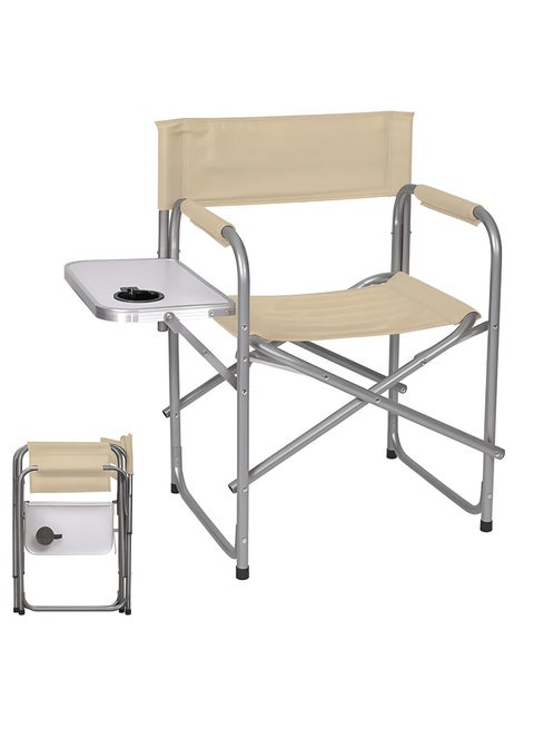 كرسي تخييم قابل للطي مزود بطاولة جانبية مع حامل اكواب، مقعد رحلات قماشي بإطار ألمنيوم متين، كرسي رحلات محمول بمساند ذراع مثالي للاستخدام الداخلي و الخارجي و النزهات