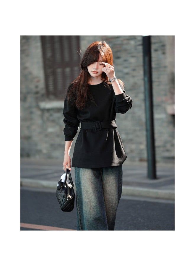 Mt Soft Touch Cloud Cotton Spring Stylish Belted Round Neck Loose Comfortable Mid-length Sweatshirt For Women - Image 2