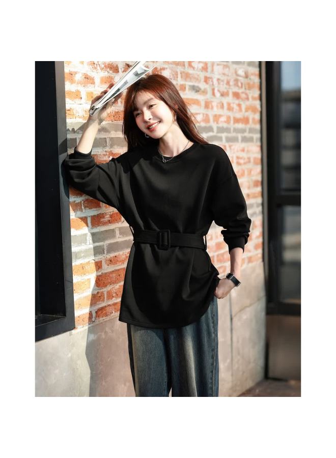 Mt Soft Touch Cloud Cotton Spring Stylish Belted Round Neck Loose Comfortable Mid-length Sweatshirt For Women - Image 4