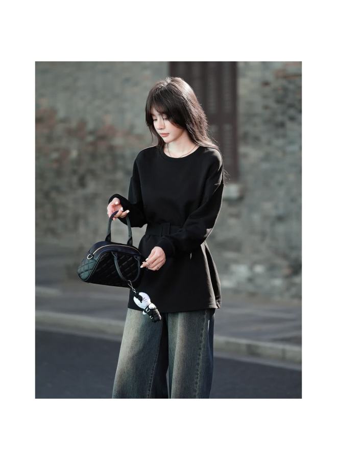 Mt Soft Touch Cloud Cotton Spring Stylish Belted Round Neck Loose Comfortable Mid-length Sweatshirt For Women - Image 1