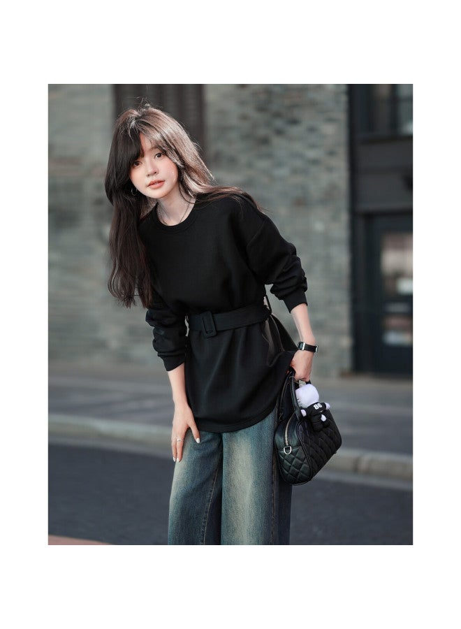 Mt Soft Touch Cloud Cotton Spring Stylish Belted Round Neck Loose Comfortable Mid-length Sweatshirt For Women - Image 3