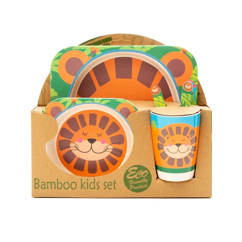 EZ Life 5 Piece Kids Meal Set - Lucky Lion - Eco Friendly Bamboo Fibre - Plate, Bowl, Spoon, Fork and Cup - Multicolour Crockery Dinner Set, Dinnerware, Home Kitchen, Kids Dinner Plate, Serveware - Image 1