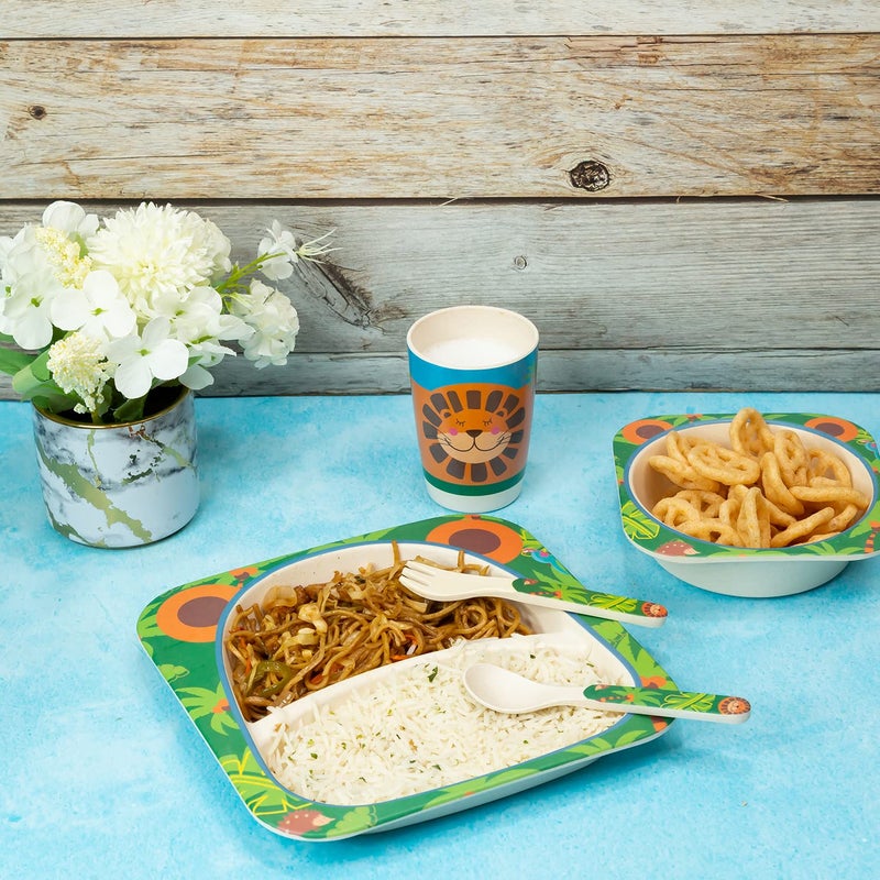 EZ Life 5 Piece Kids Meal Set - Lucky Lion - Eco Friendly Bamboo Fibre - Plate, Bowl, Spoon, Fork and Cup - Multicolour Crockery Dinner Set, Dinnerware, Home Kitchen, Kids Dinner Plate, Serveware - Image 3