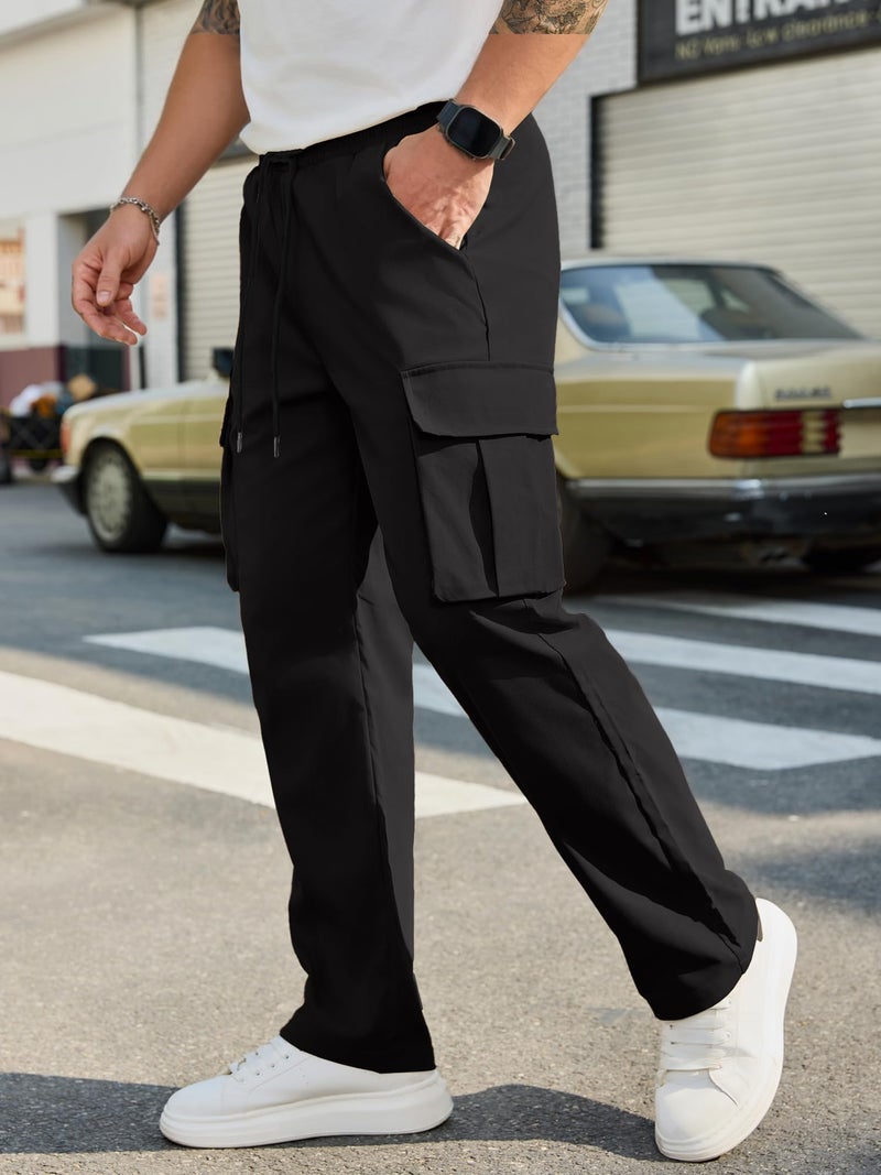 PLEPAN Men's Casual Cargo Pants Drawstring Hiking Workout Tactical Joggers Sweatpants for Men with Pockets Black 3X-Large - Image 3