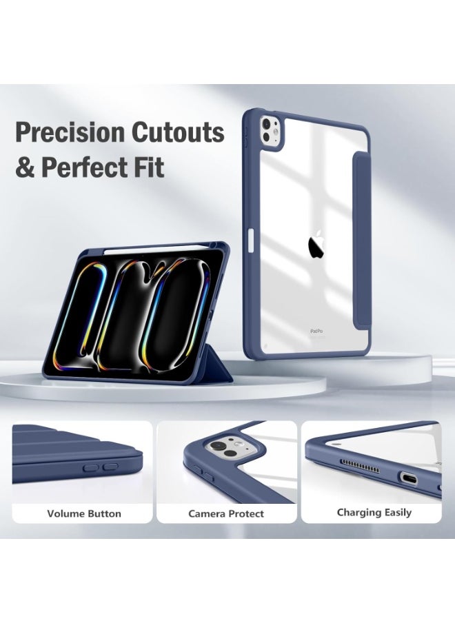Case for  with Pen Holder, Shockproof Smart Case Cover with Transparent Back Shell Protective Case For iPad Pro 11 inch M4 2024 (Dark Blue)
