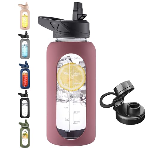 CIVAGO 32 oz Glass Water Bottle with Straw and Handle Large Sports Motivational Water Bottle Flask with Time Marker and 2 Lids Leakproof Water Jug Canteen with Silicone Sleeve for Gym Rose Taupe - Image 1