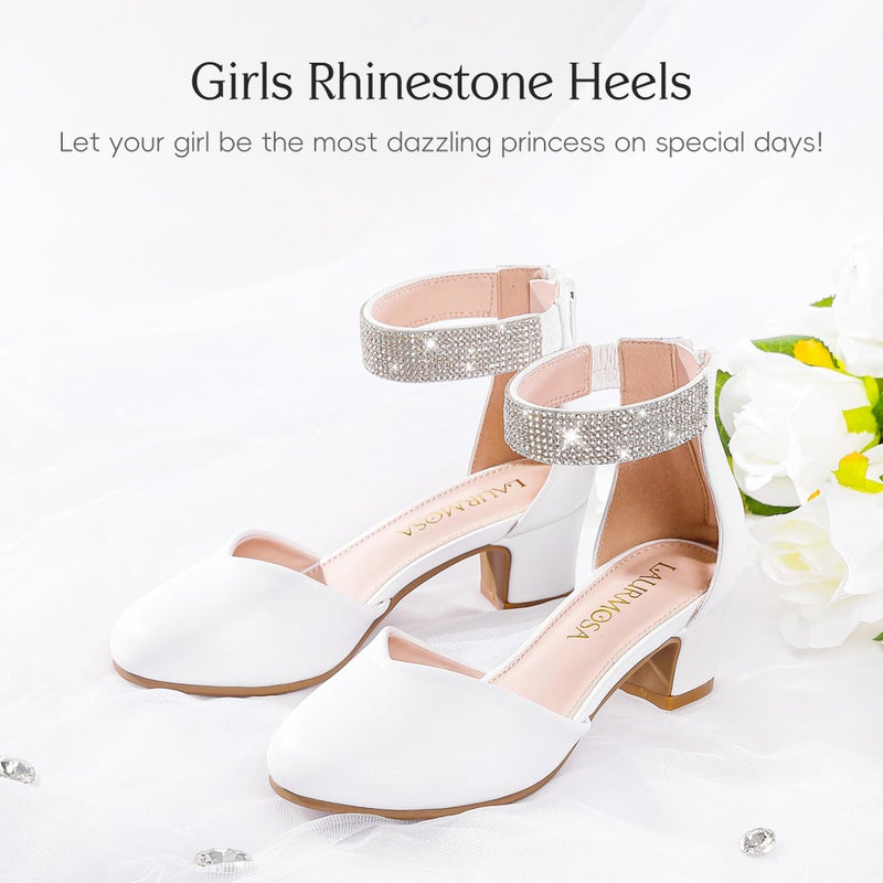 LAURMOSA Flower Girl Shoes Girls Dress Shoes for Girls White High Heels for Kids Rhinestone Heels Size 2 Closed Toe Ankle Strap Chunky Big Kids Wedding Party Church First Communion (L1053PULWhite 2) - Image 4