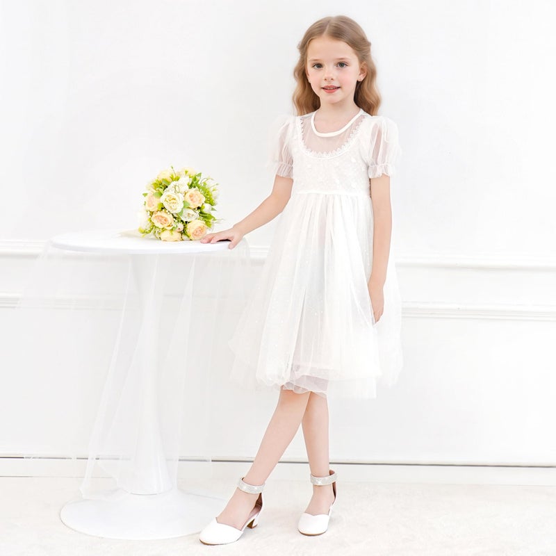 LAURMOSA Flower Girl Shoes Girls Dress Shoes for Girls White High Heels for Kids Rhinestone Heels Size 2 Closed Toe Ankle Strap Chunky Big Kids Wedding Party Church First Communion (L1053PULWhite 2) - Image 3