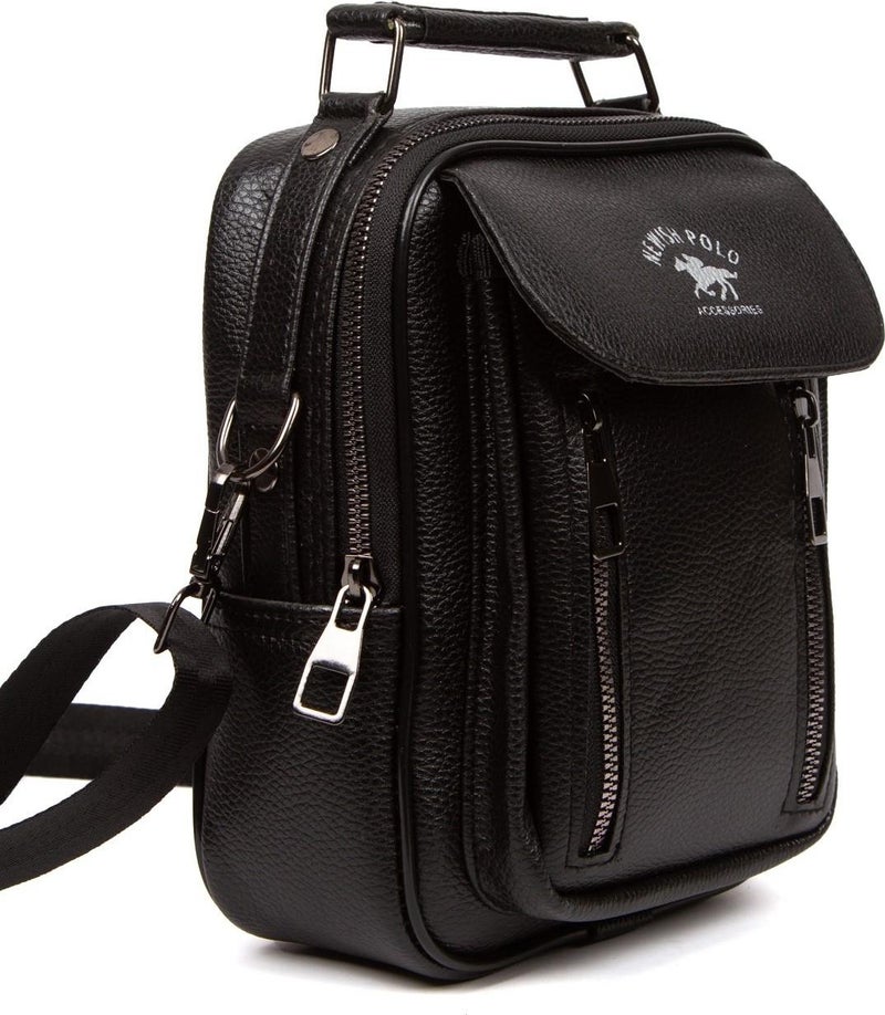 Newish Polo Men's Black Vegan Leather Phone Compartment Daily Adjustable Crossbody Shoulder and Handbag newpolo002  - Image 1
