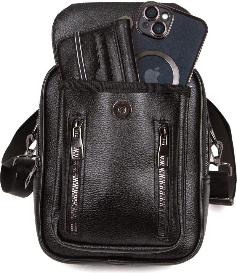 Newish Polo Men's Black Vegan Leather Phone Compartment Daily Adjustable Crossbody Shoulder and Handbag newpolo002  - Image 4