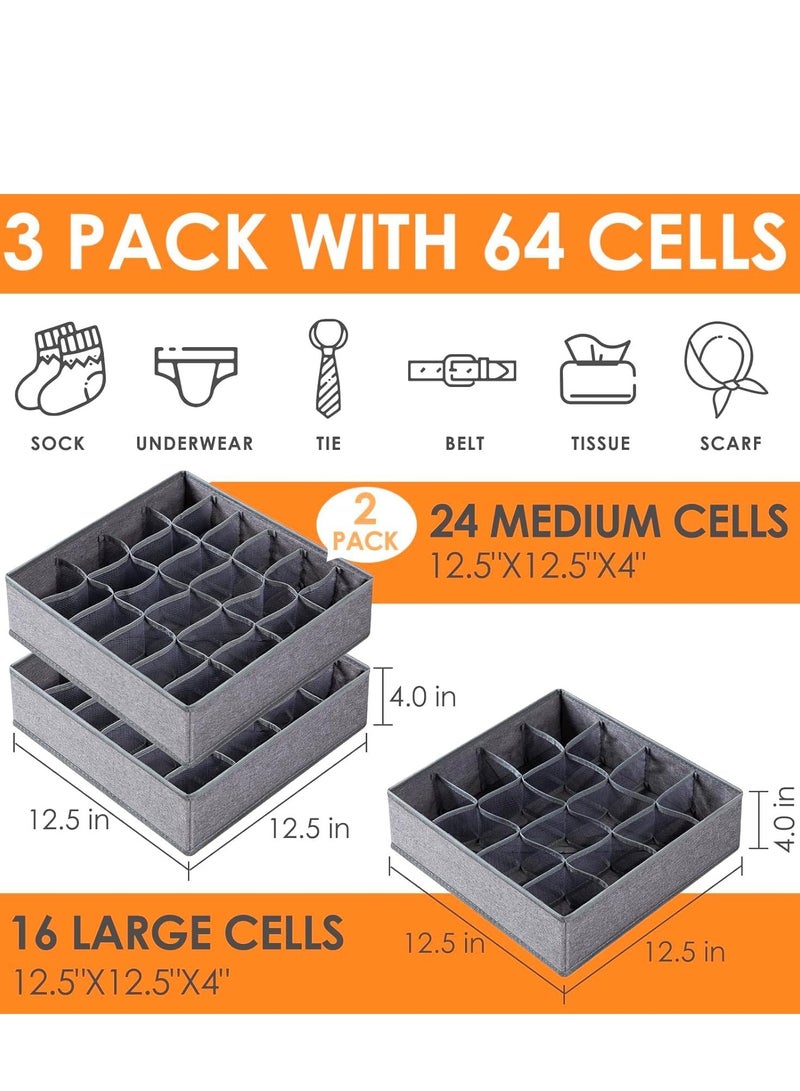 Flushrenic Foldable Drawer Organiser set for Clothes,3 Pack Sock Underwear Organizer Dividers, 64 Cell Drawer Fabric Foldable Cabinet Closet Storage Boxes for Storing Socks, Underwear, Ties (16+24+24 Cell, Gray) - Image 2
