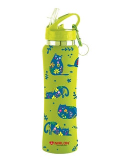 Flip Bot Stainless Steel Rubber Finish Water Bottle With Straw Lid For Fridge, School,Gym,Home,Office,Boys, Girls, Kids, Leak Proof(Uv Printed Bottle|Artsy Cat|Sipper Cap), 750 Ml
