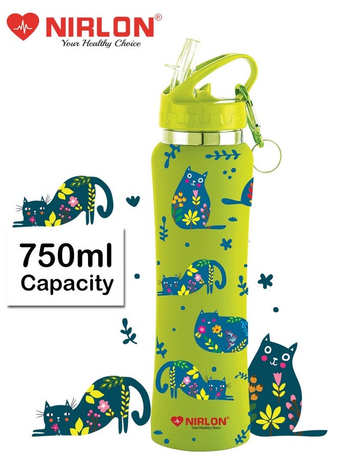 Nirlon - Flip Bot Stainless Steel Rubber Finish Water Bottle With Straw Lid For Fridge, School,Gym,Home,Office,Boys, Girls, Kids, Leak Proof(Uv Printed Bottle|Artsy Cat|Sipper Cap), 750 Ml - Image 1