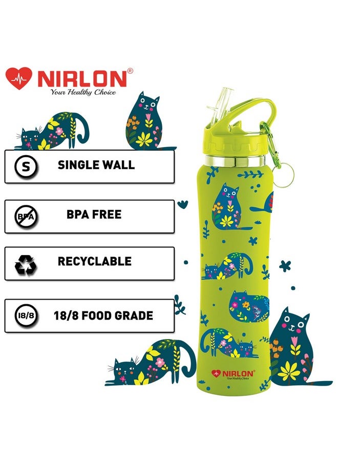 Nirlon - Flip Bot Stainless Steel Rubber Finish Water Bottle With Straw Lid For Fridge, School,Gym,Home,Office,Boys, Girls, Kids, Leak Proof(Uv Printed Bottle|Artsy Cat|Sipper Cap), 750 Ml - Image 1