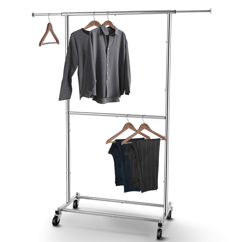 Simple Trending Double Rod Clothing Garment Rack Rolling Clothes Organizer on Wheels for Hanging Clothes Chrome