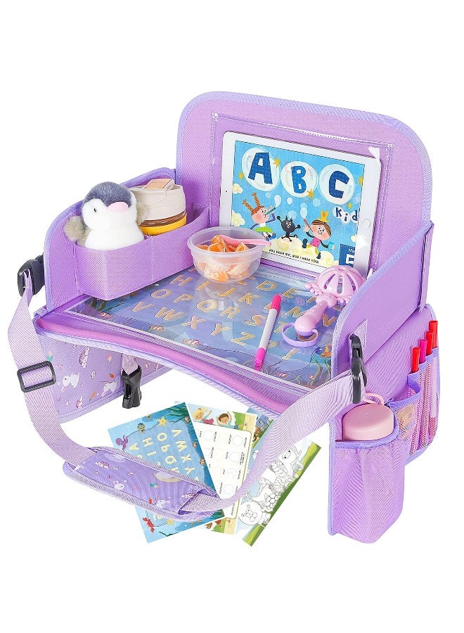 MENZOKE Car Seat Tray for Kids Travel, Kids Travel Tray with Educational Drawing Board, Tablet Holder & Cooler Cup Holder, Holiday Gifts for Car Trip, Purple - Image 1