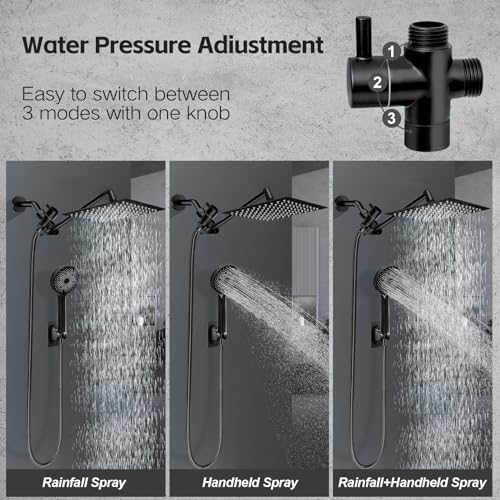 Yurnomy Shower Head,10”Rain Shower Head with Handheld Spray Combo with 11'' Angle Adjustable Extension Arm/Flow Regulator/Shower System,High Pressure Rainfall Shower Head Clean Bathroom,Matt Black - Image 3