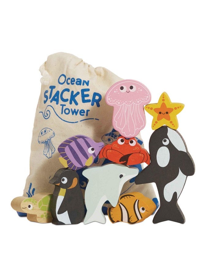 Le Toy Van - Wooden Toys - Petilou Baby & Toddler - Ocean Animal Building Blocks Stacker & Bag - Educational Balancing Activity Toy - Wooden Blocks Aquatic Animal Toys - Kids Toys Age 18 Months+  - Image 1