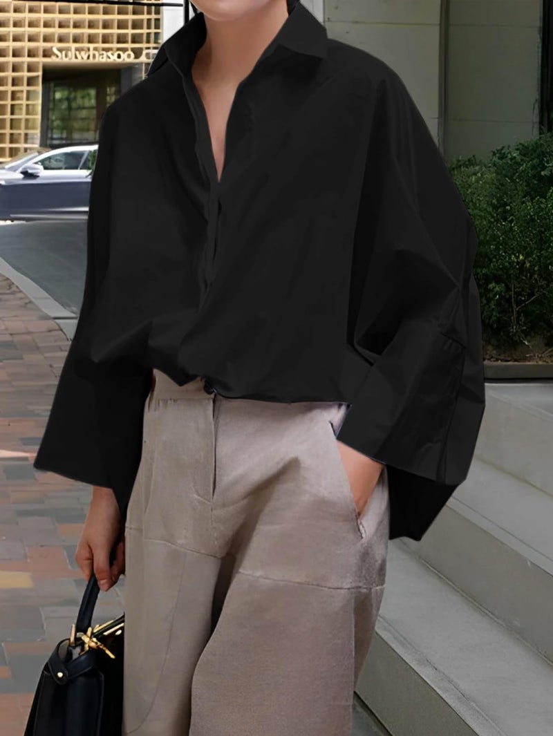 UOOZEE Womens Button Down Shirt Casual Long Sleeve Loose Fit Collared Work Blouse Tops, Black XXL - Image 2