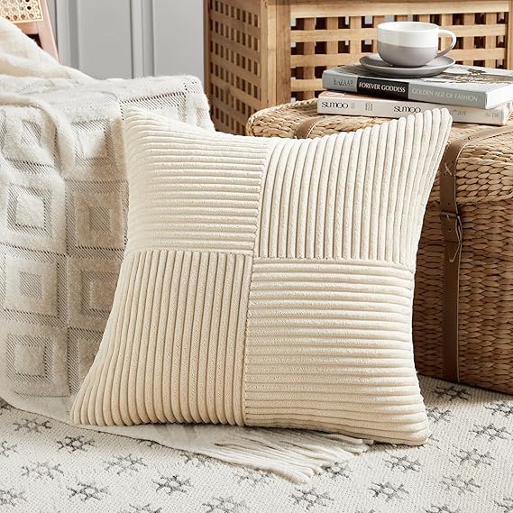 Guffaw Corduroy Pillow Covers Boho Decorative Spliced Throw Pillow Covers Soft Solid Couch Pillowcases Cross Patchwork Cushion Covers for Living Room Bed Sofa 16x16 inch (5, Cream) - Image 1
