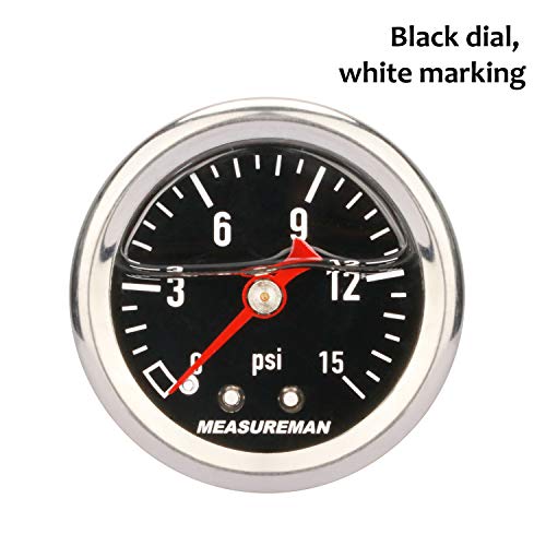 MEASUREMAN مقياس ضغط الوقود 1.5" بقرص أسود، علبة من الفولاذ المقاوم للصدأ 304، مقياس ضغط سائل، 0-15Psi، دقة 3-2-3%، تركيب مركزي خلفي 1/8" NPT - Image 2