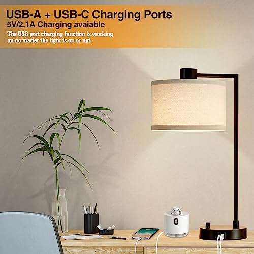 Luvkczc Table Lamp for Bedroom Set of 2 with USB C+A Ports, Fully Stepless Dimmable Bedside Lamp with Linen Lampshade, Contemporary Lamp for Living Room Reading Office, 2 LED Bulbs Included (Black) - Image 2