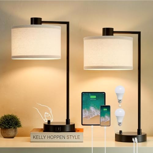 Luvkczc Table Lamp for Bedroom Set of 2 with USB C+A Ports, Fully Stepless Dimmable Bedside Lamp with Linen Lampshade, Contemporary Lamp for Living Room Reading Office, 2 LED Bulbs Included (Black) - Image 1