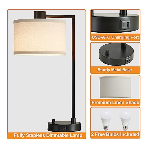 Luvkczc Table Lamp for Bedroom Set of 2 with USB C+A Ports, Fully Stepless Dimmable Bedside Lamp with Linen Lampshade, Contemporary Lamp for Living Room Reading Office, 2 LED Bulbs Included (Black) - Image 5
