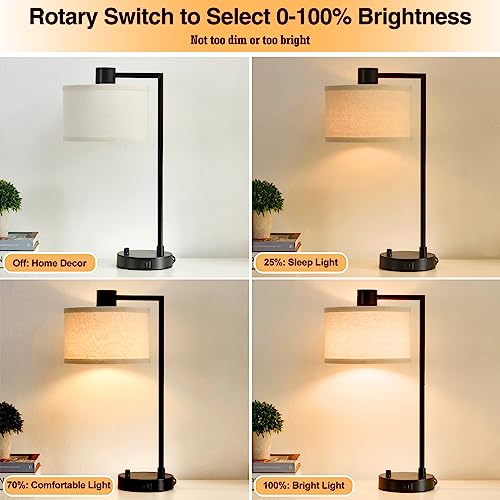 Luvkczc Table Lamp for Bedroom Set of 2 with USB C+A Ports, Fully Stepless Dimmable Bedside Lamp with Linen Lampshade, Contemporary Lamp for Living Room Reading Office, 2 LED Bulbs Included (Black) - Image 3