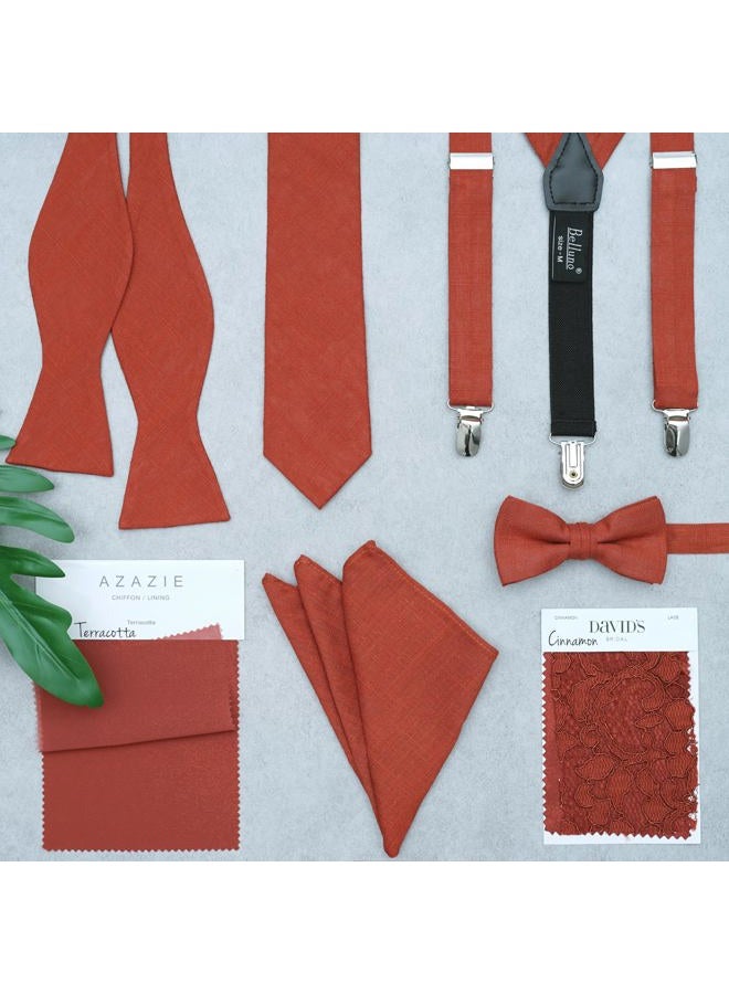 BELLUNO Men's Skinny Ties, Cotton Linen Blend 2.5 inch Solid Neckties, 68 Rust, M - Image 4