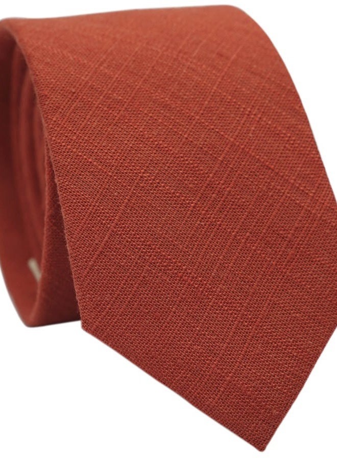 BELLUNO Men's Skinny Ties, Cotton Linen Blend 2.5 inch Solid Neckties, 68 Rust, M - Image 1