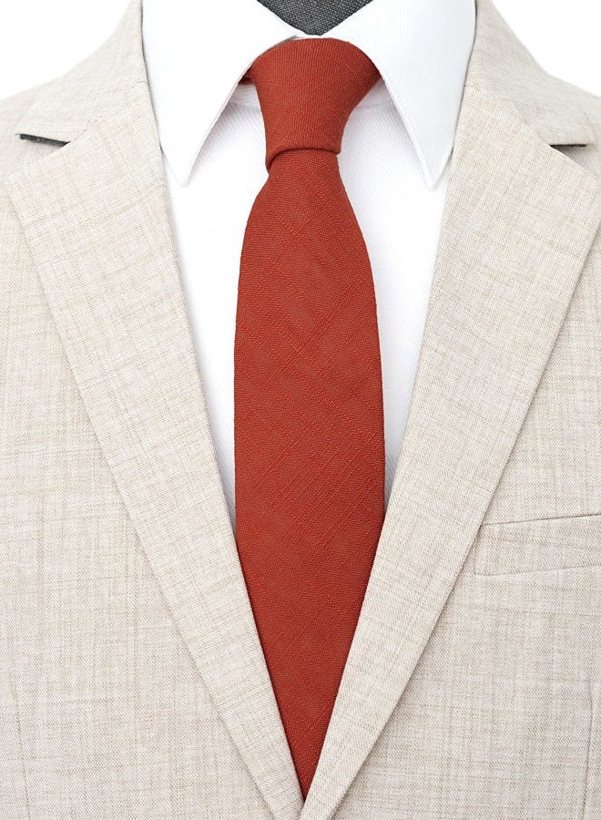 BELLUNO Men's Skinny Ties, Cotton Linen Blend 2.5 inch Solid Neckties, 68 Rust, M - Image 2