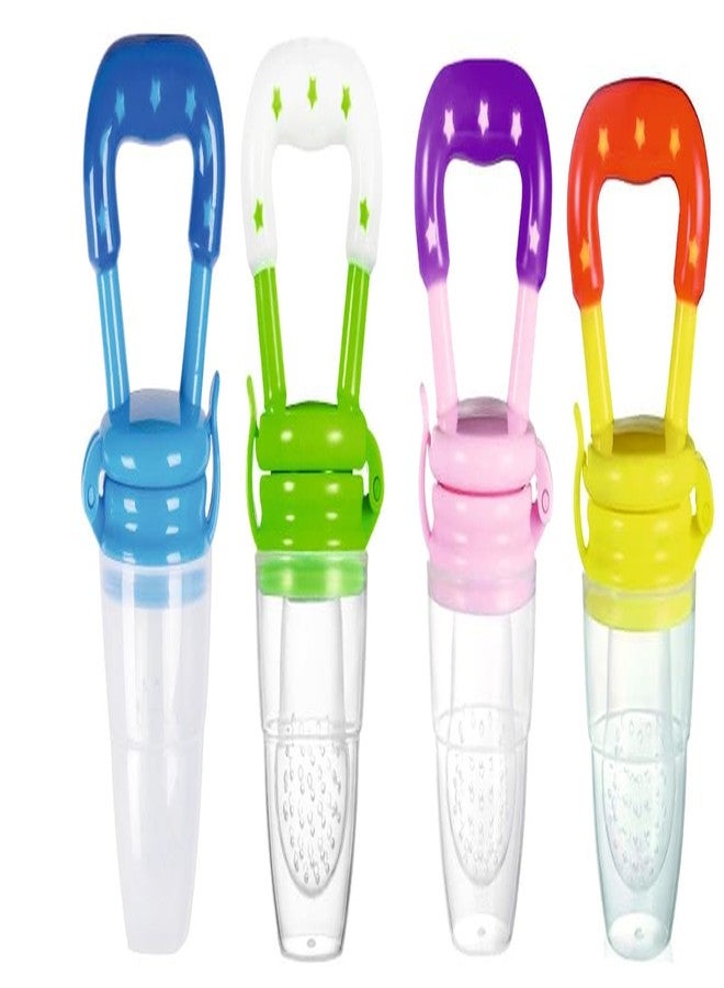 ROFORUF Silicone Fruit and Food Baby Feeder/Squeezer/Pacifier/Nibbler Feeder for Fruit and Veggie with Easy Grip Handle, Pacifier Feeder for New Born Baby 3-12 Months (Pack of 4) (Blue,Pink,Yellow & Green) - Image 1