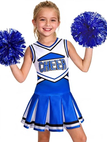 Costumerry Cheerleader Costume for Girls Cheerleading Outfit with Pom Poms Halloween Dress Up Party (Blue, 9-10 Years) - Image 1