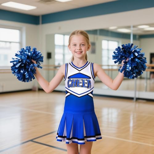 Costumerry Cheerleader Costume for Girls Cheerleading Outfit with Pom Poms Halloween Dress Up Party (Blue, 9-10 Years) - Image 4