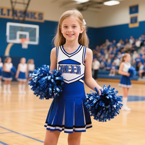 Costumerry Cheerleader Costume for Girls Cheerleading Outfit with Pom Poms Halloween Dress Up Party (Blue, 9-10 Years) - Image 2